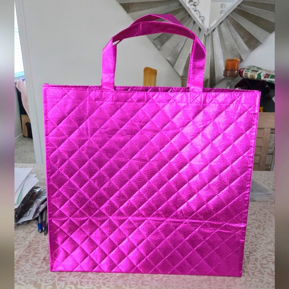 Hot Pink Quilted Tote Bag with Glossy Finish and Diamond Pattern